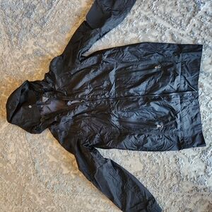 Black Hooded Raincoat with Quilted Texture